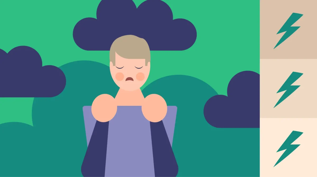 Graphic person being stressed and black clouds.