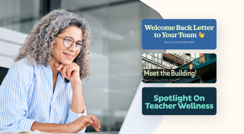 Female school principal choosing a newsletter to send.