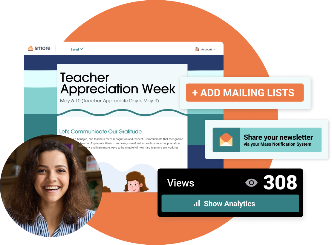 photo of young female teacher with screenshots of newsletter functions and analytics