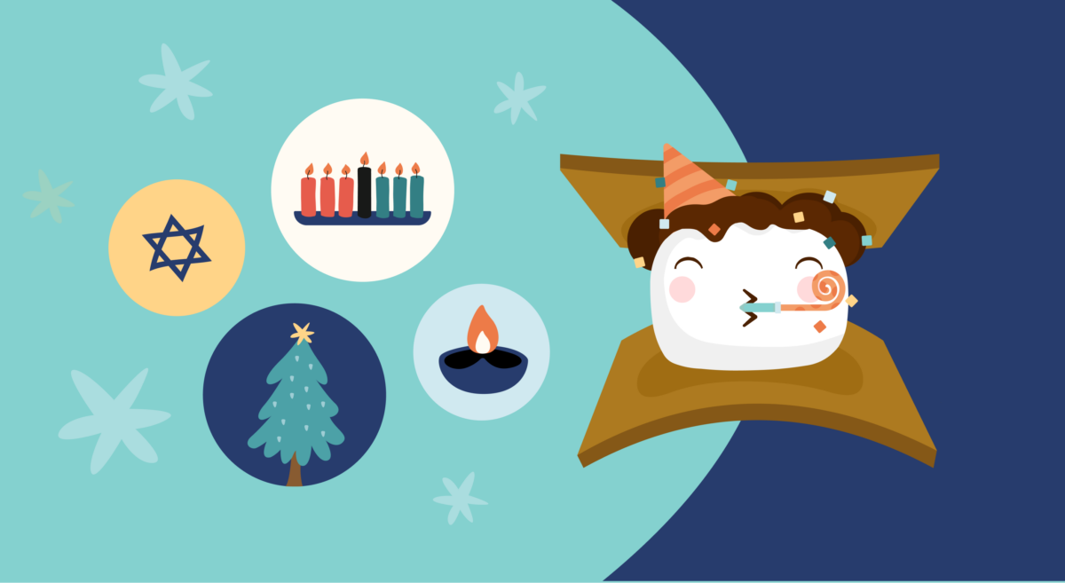 Smore mascot with winter holiday symbols.