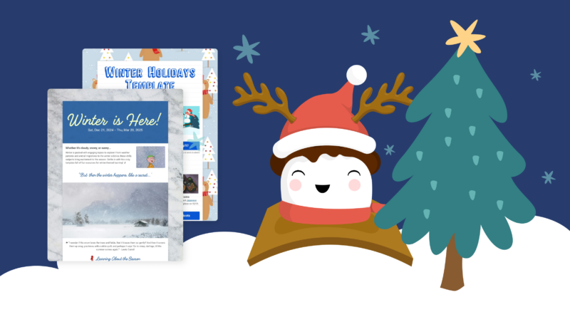 Smore mascot with winter hat and antlers next to tree and Smore templates.