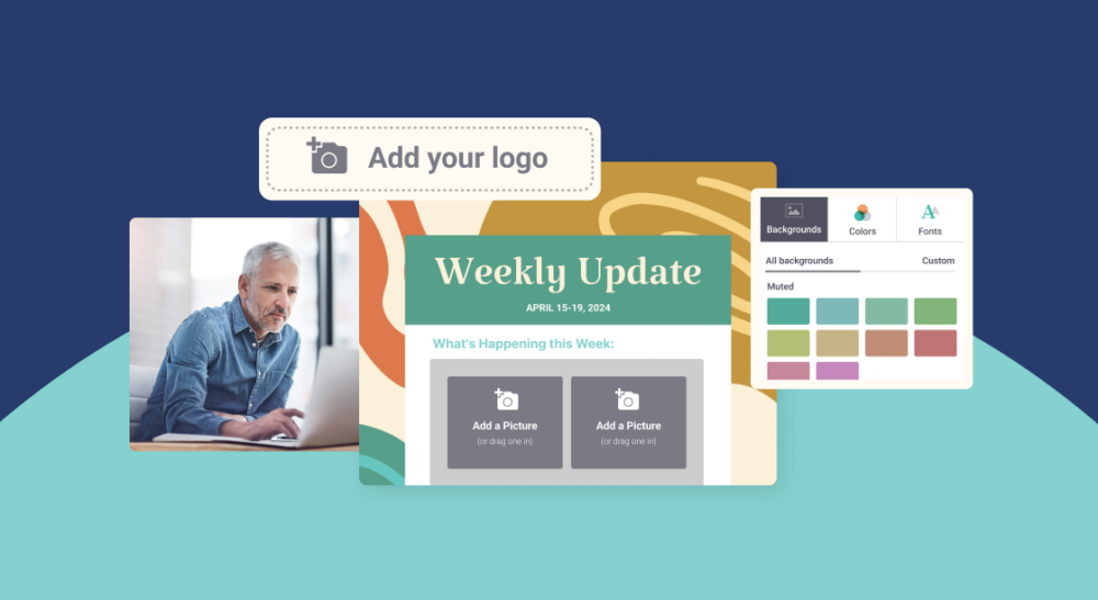 Gentleman with grey hair on laptop with examples of weekly update templates in center and right