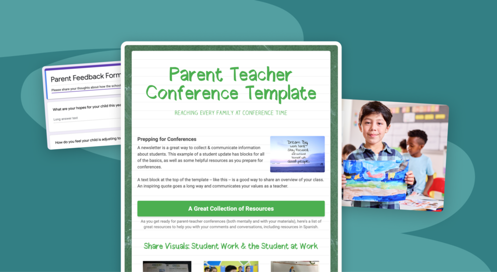 An image of the parent teacher conference template with feedback form example and a young student holding a painting.