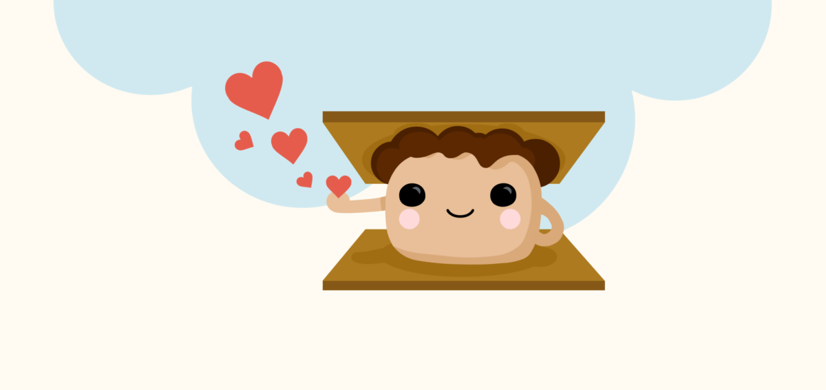 Smore mascot with hearts.