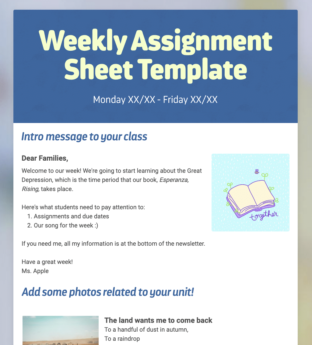 Weekly Assignment Sheet Template- Create a Newsletter | Smore