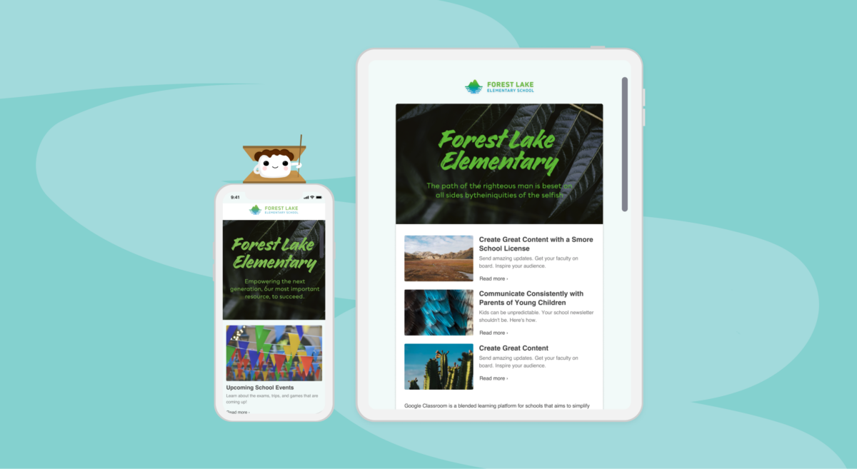 Smore mascot with two newsletter examples on a smartphone and tablet.