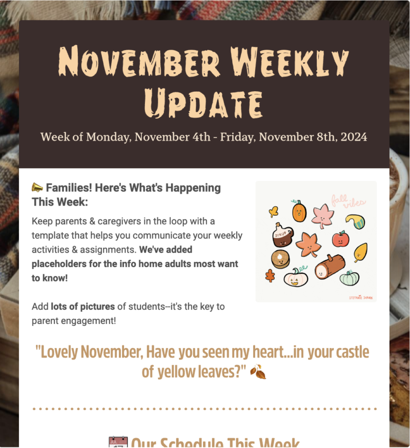 November weekly update newsletter template.