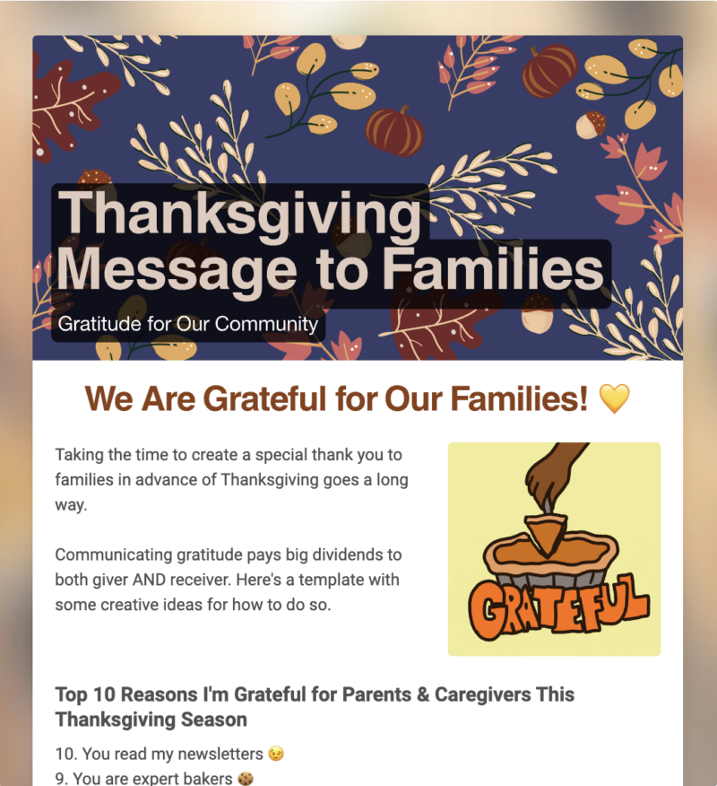 Image of the Thanksgiving Message to Families template.