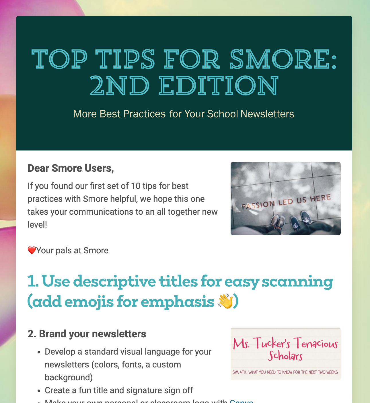 Top tips for using Smore 2nd edition newsletter template.