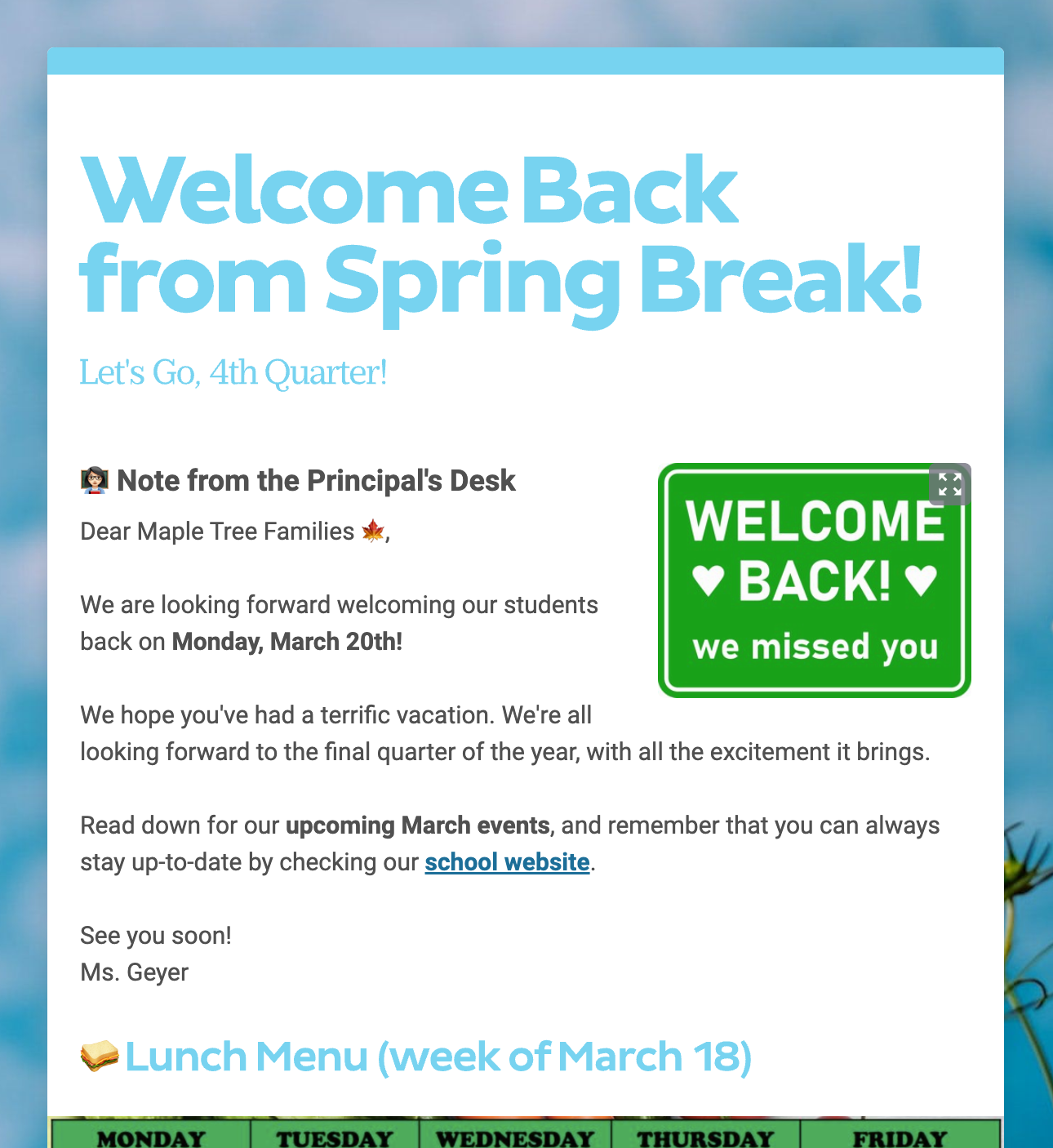 Welcome Back From Spring Break newsletter template.